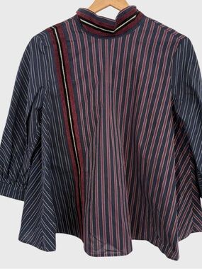 Alysi Crème Navy Burgundy Striped Mock Tie Neck Blouse US Size 2